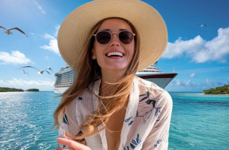 Woman in front of cruise ship